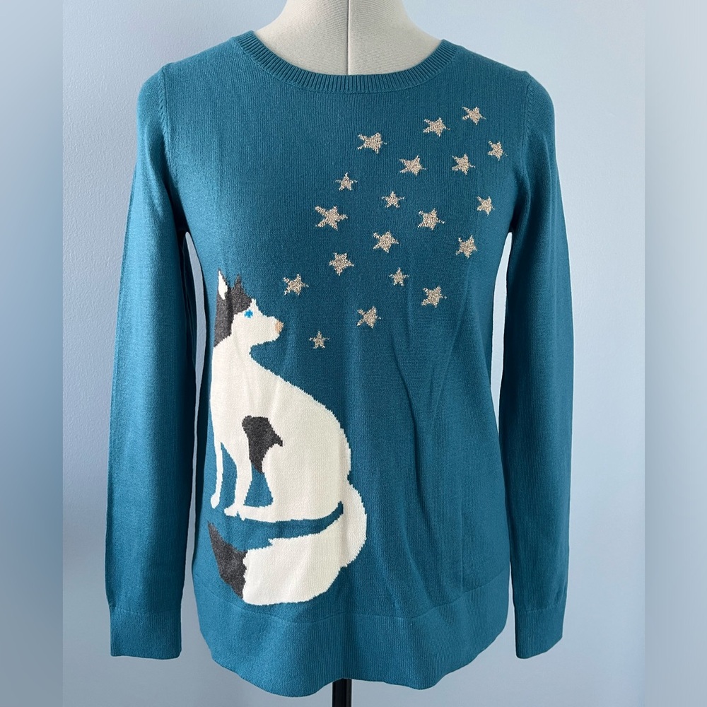 LOFT Teal Sweater with Fox and Star Pattern Size XS/S